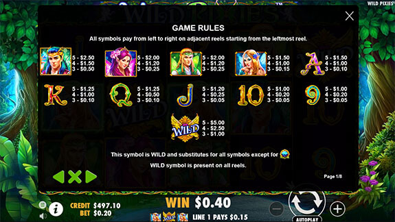 Wild Pixies Paytable